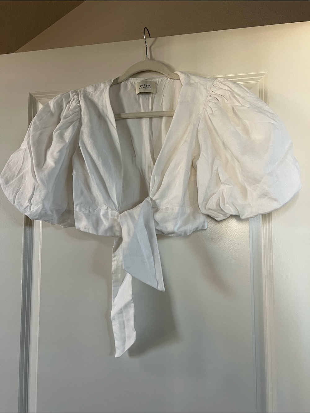 Dissh - Linen Tie-Front Puff Sleeve Crop Top - White